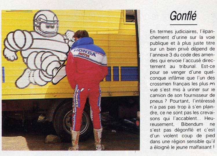 Jean-Michel Bayle a une envie pressante et se soulage proche du campion Michelin