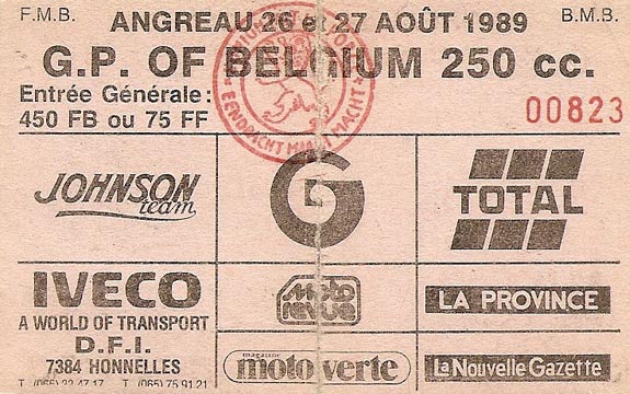 Le ticket d'entrée pour ce GP de Belgique 1989