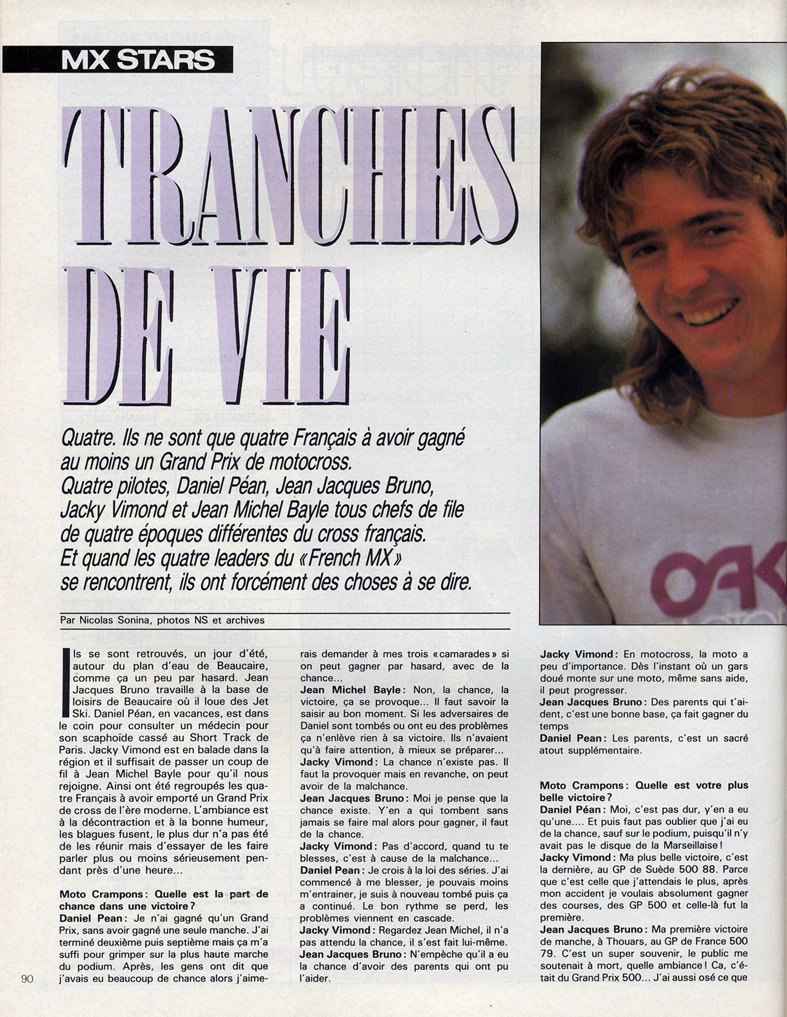 La page 1 de l'interview de Jean-Michel Bayle, Jacky Vimond, Jean-Jacques Bruno et Daniel Péan parue dans le moto crampons de décembre 1989.