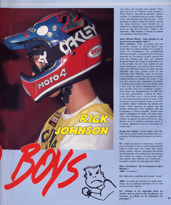 La page 2 de l'interview croisée entre Jean-Michel Bayle et Ricky Johnson parue dans le moto crampons de février 1989.