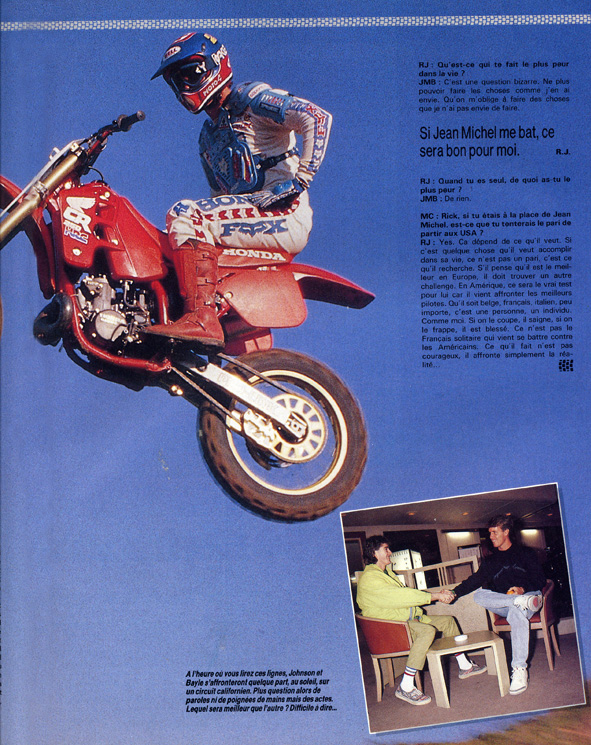 La page 6 de l'interview croisée entre Jean-Michel Bayle et Ricky Johnson parue dans le moto crampons de février 1989.