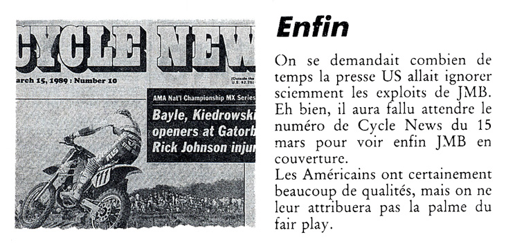 JMB fait la une de Cycle News du 15 Mars 1989.