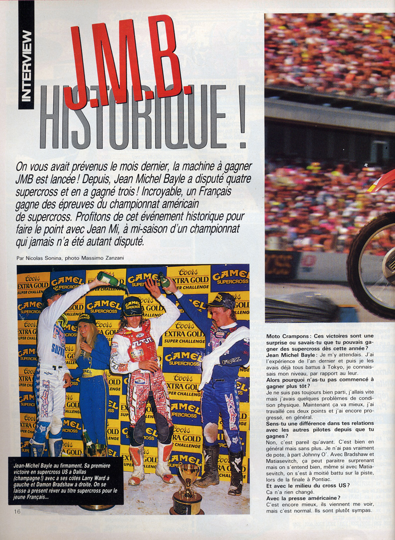 La première page de l'interview de Jean-Michel Bayle parue dans le moto crampons de Juin 1990
