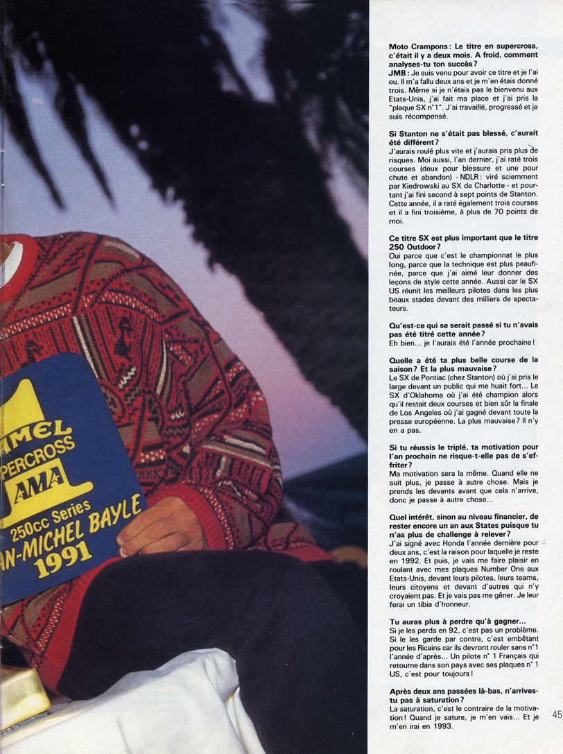 La seconde page de l'interview de Jean-Michel Bayle dans le magazine Moto Crampons spécial supercross 1991