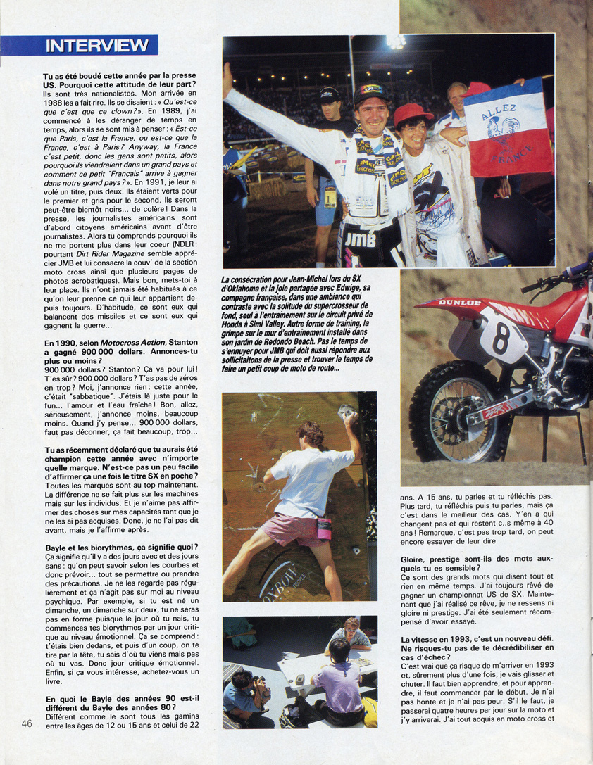 La troisième page de l'interview de Jean-Michel Bayle dans le magazine Moto Crampons spécial supercross 1991