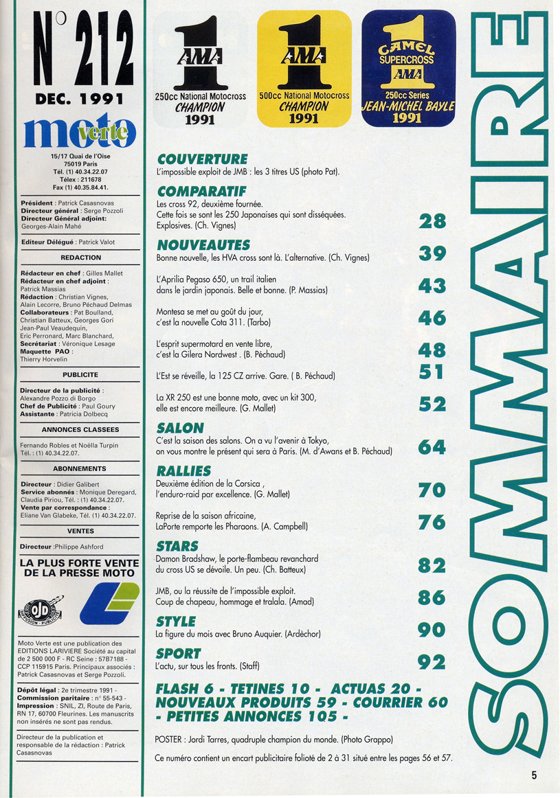 Le sommaire du magazine moto verte de Décembre 1991 avec les trois plaques de numéro 1 US de JMB