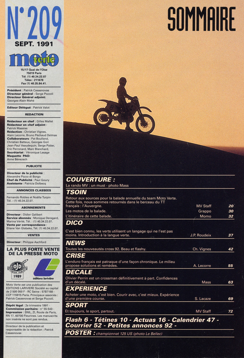 Jean-Michel sur le sommaire du moto verte de Septembre 1991. Très jolie image