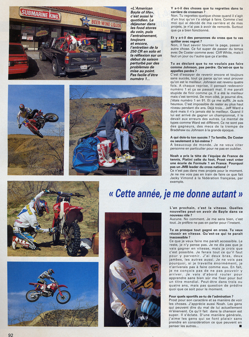 La première page de l'interview de Jean-Michel Bayle dans le moto crampons d'Avril 1992
