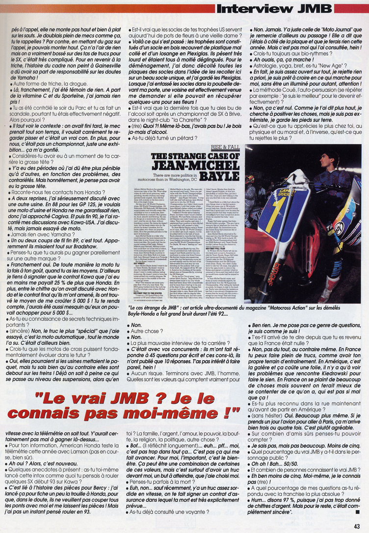 La huitième page de l'interview de Jean-Michel Bayle dans le hors série Cross 1993 de Moto Verte
