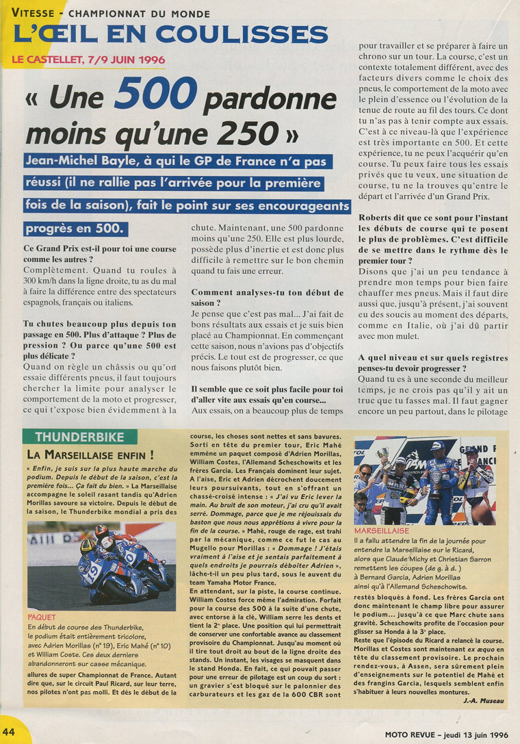 La première page de l'interview donné à JMB aux journalistes de Moto Revue après le grand-prix de France