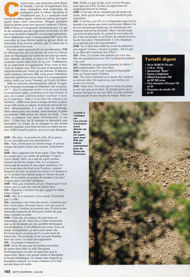 Une conversation entre JMB et Sébastien Tortelli est retranscrite dans le numéro de Juillet 1998 de Moto Crampons