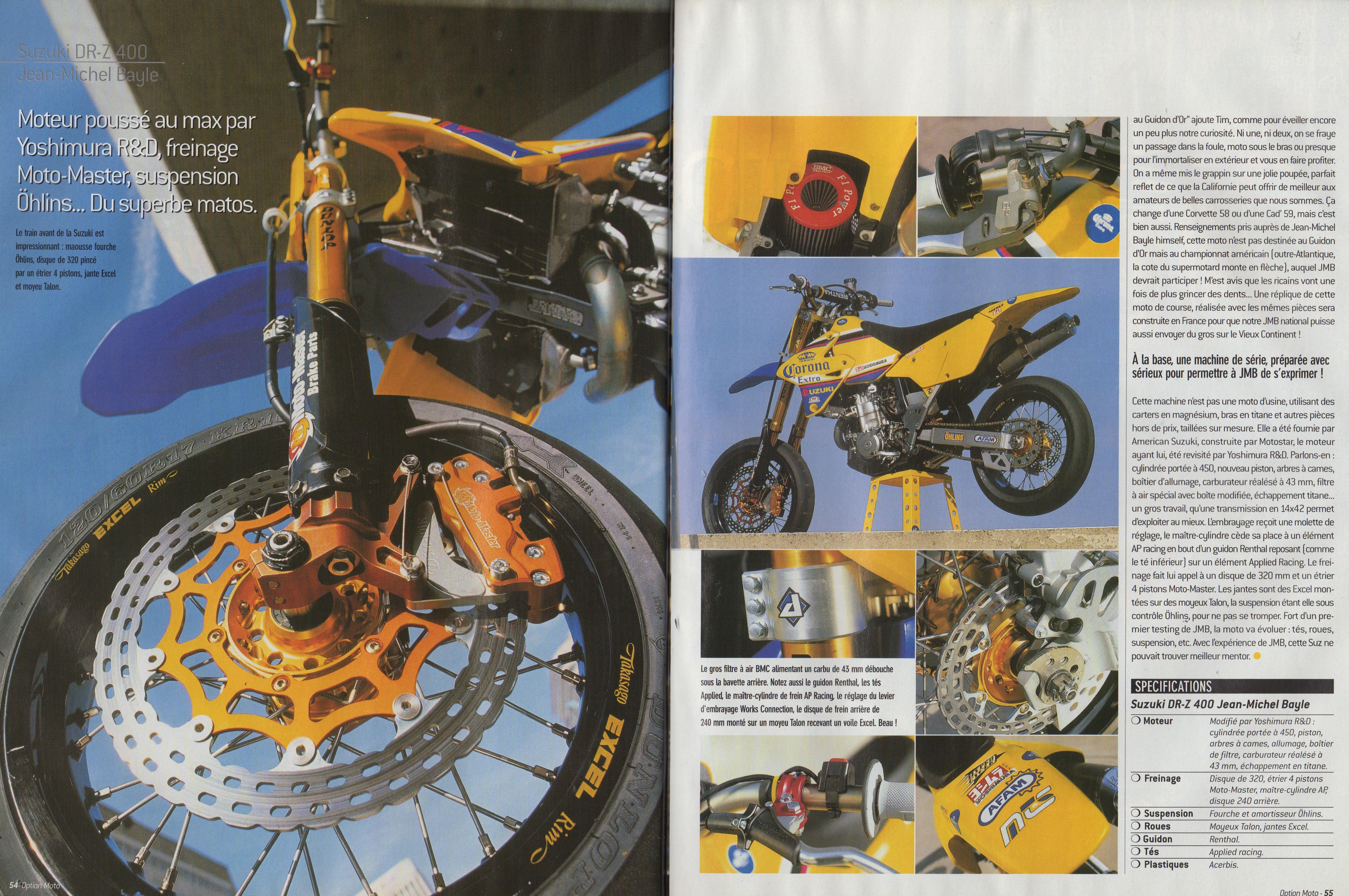 Les pages 54 et 55 du magazine Option Moto où est présenté la moto que Jean-Michel a utilisé lors de ce guidon d'or 2003