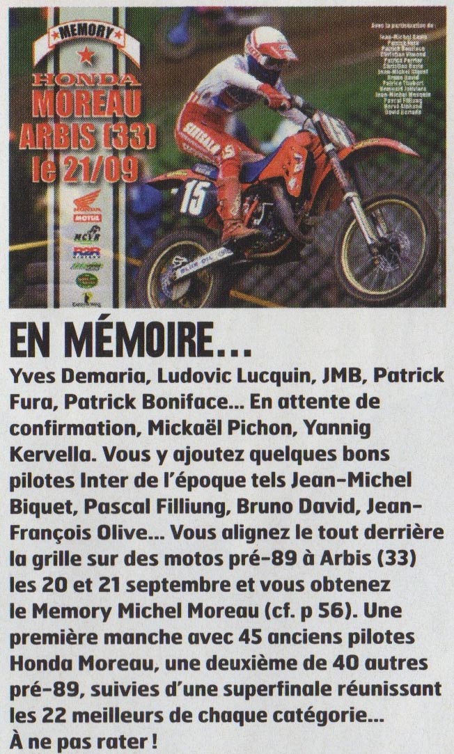 Moto Verte présente le mémorial Michel Moreau qui se déroulera au mois de Septembre avec la participation de Jean-Michel Bayle